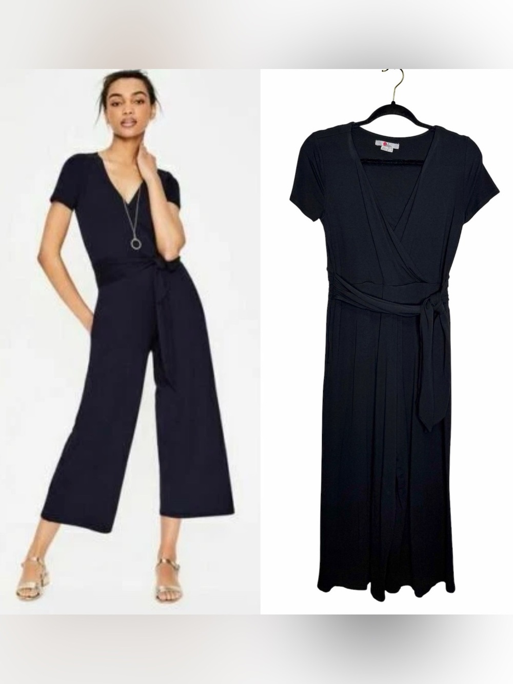Boden Jersey Wrap Jumpsuit Black Sz 8P Wide Leg Cropped Short Sleeve Classic
